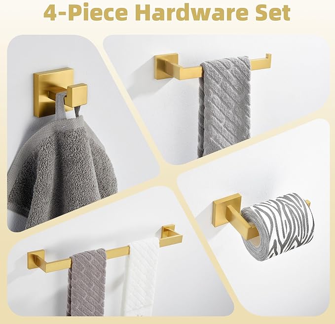 Bathroom Hardware Set 4-Piece, Angle Simple SUS304 Stainless Steel Bath Accessory Kit, Bathroom Fixture Set with Robe Hook, Toilet Paper Holder, Towel Holder and Towel Bar Brassy Gold