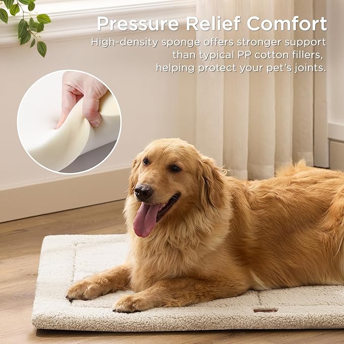 Reversible Dog Crate Pad Bed for Large Dogs,Washable & Non-Slip Kennel Pet Mat, High Density Foam and Soft Fleece Cat Bed for Indoor & Outdoor Use, 41" x 28", Cream White