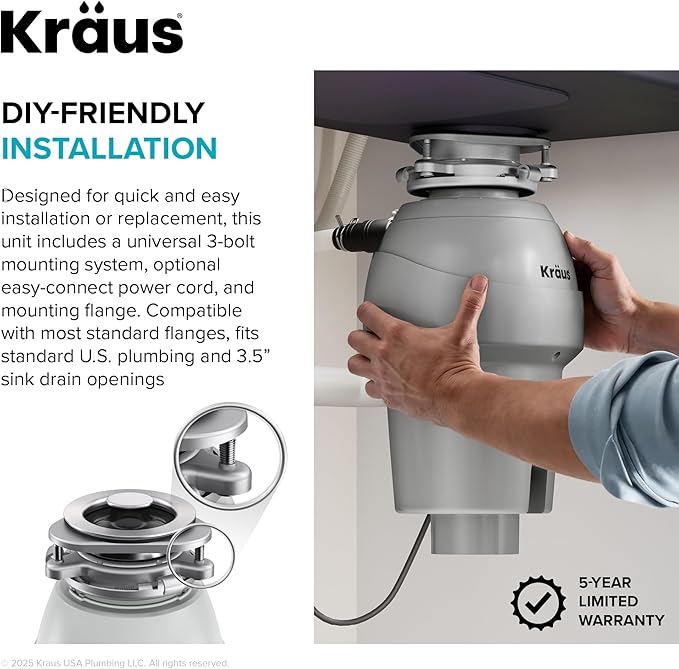 KRAUS WasteGuard 1/2 HP Continuous Feed Garbage Disposal with Ultra-Quiet Motor for Kitchen Sink with Power Cord and Flange Included, KWD201-50MCG