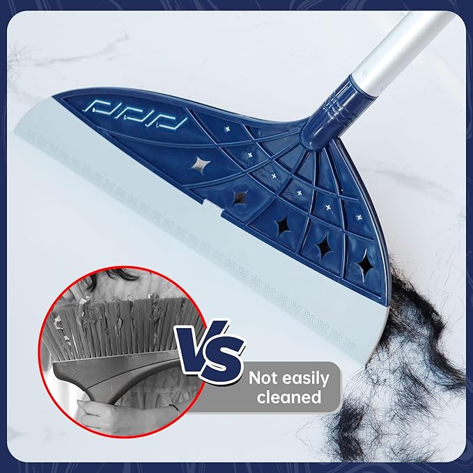 Air Broom for Household Cleaning, Silicone Broom Adjustable Handle, Sweep and Scrape 2-in-1 Squeegee Broom for Wet&Dry Messes, Hair, Liquids, Glass on Smooth Floor, Includes 2 Broom Heads (Blue)