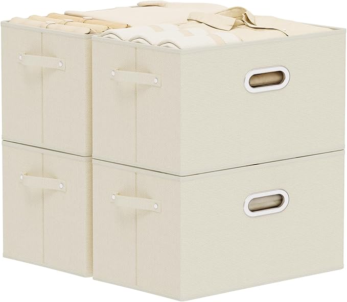 Foldable Cloth Basket with 4 Handles, Decorative Open Storage Boxes, Stackable Cube Organization, Fabric Bins for Shelves, Closet, Living Room, 15x9.8x9.8in, Beige, 4 Pack
