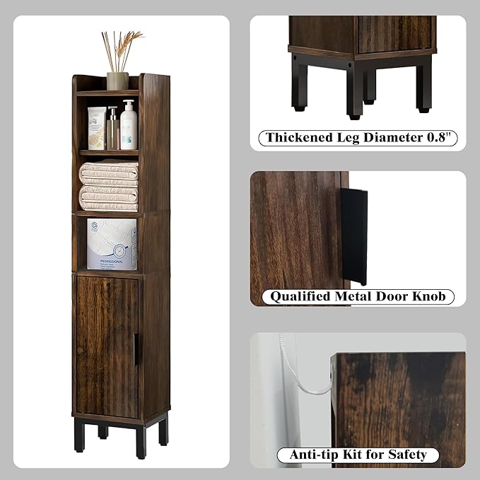 Narrow Bathroom Storage Cabinet, Corner Toilet Paper Floor Cabinet 5 Tiers with Door and Shelves,Bathroom Organizer with Adjustable Shelf, for Small Spaces(Rustic Brown)