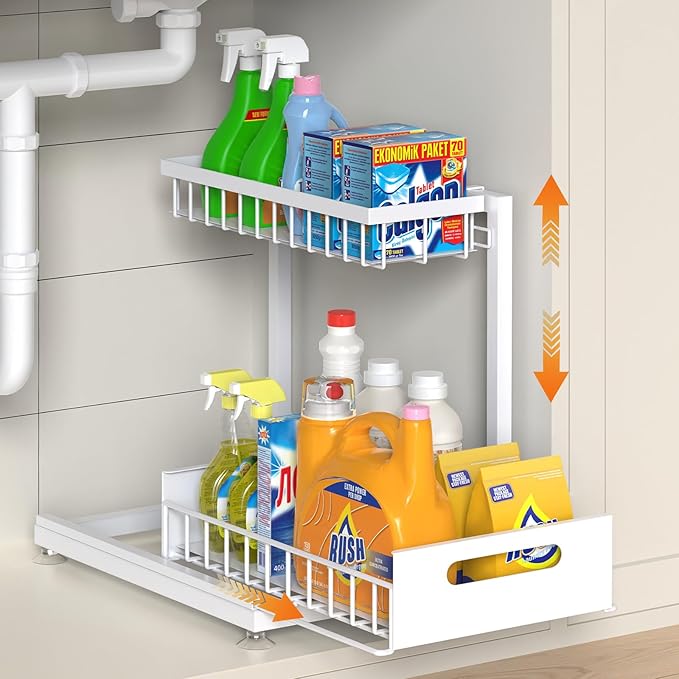Under Sink Organizer Storage 2-Tier Premium Metal Pull-Out Kitchen Cabinet Organizer with Sliding Drawer, Height Adjustable, Heavy Duty for Kitchen & Bathroom Organizers 1 Pack White