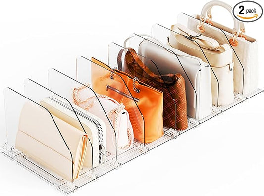 Yieach 2 Pack Purse Dividers for Closet - Adjustable Closet Purse Organizers and Storage Rack,Acrylic Clear Shelf Dividers for Closet Organization,Towel,Pocketbook,Wallet,Bag Shelf,Clutch Organizer