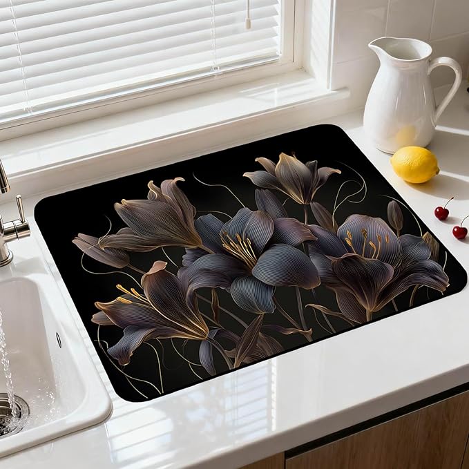 Glass Stove Top Covers for Electric Stove, Heat Resistant Counter Protector Mat, Non Slip Waterproof Surface Cover for Kitchen Counter and Cooktop (Dark Lilies, 28"L x 20"W)