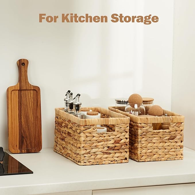 Wicker Storage Basket 2 Pack, Water Hyacinth Storage Baskets with Built-in Handles, Large Wicker Baskets for Storage & Organizing, Natural