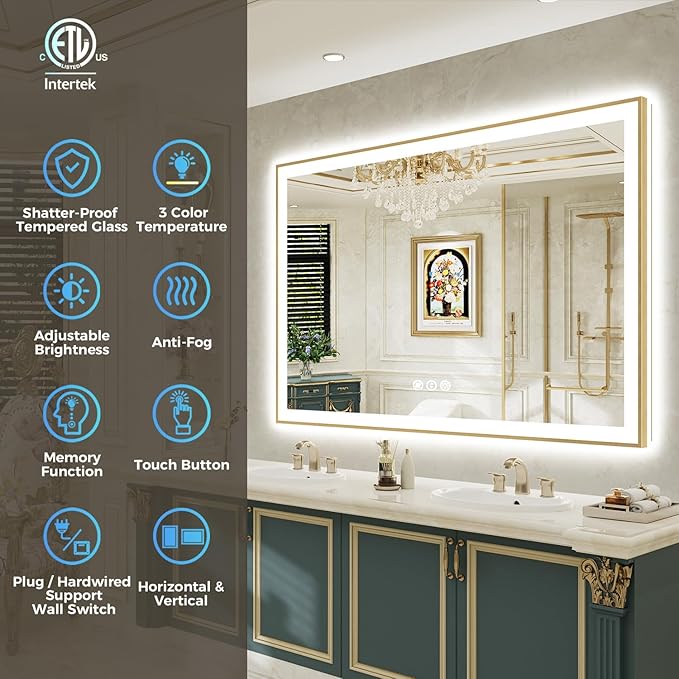 44x32 Inch LED Bathroom Mirror with Lights (Front Lit and Backlit) Gold Framed Lighted Vanity Mirror for Bathroom Wall Dimmable Anti-Fog Memory Tempered Glass Horizontal/Vertical