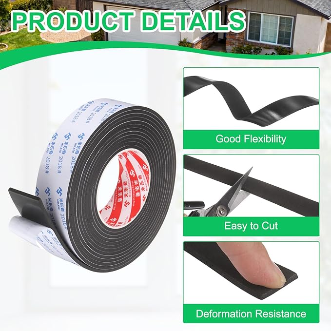 PATIKIL 4Roll Sponge Rubber Foam Tape, 1 3/4" W x 1/8" t x 16.4ft l Self-Adhesive Foam Insulation Tape Weather Stripping for Window Door Soundproofing Weatherstrip AC Seal Strip, Black