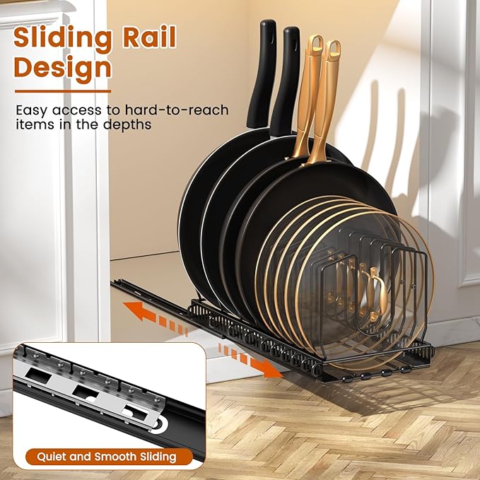 Housolution 1 Pack Pull Out Pot and Pan Organizer for Under Cabinet, Slide Out Pot Lid Organizer with 10 Adjustable Dividers, Sliding Pan Holder Storage Rack Inside Cabinet, Black
