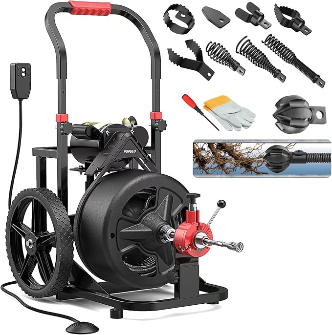 100 ft x 1/2 inch POPULO Auto Feed Electric Drain Snake Auger for 2 to 4 Inch Pipes, Sewer Plumbing Snake Auger, Heavy Duty Drain Cleaner Machine with 8 Cutters & 1 Root Killer & Gloves