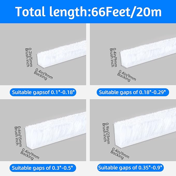 66 Ft Strong Adhesive Brush Weather Stripping for Sliding Windows and Door Frames-Seal Strip for Soundproofing,Waterproof,and Windproof-Durable and Wear Resistant,0.6 Thick