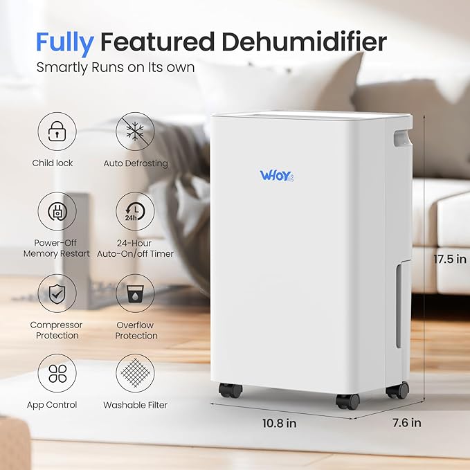 Dehumidifier for Basements, 2000 Sq. Ft., 30 Pints,1.6L Tank, App-Controlled, With 4.9 ft Drain Hose Low noise, for Living room, Basements and Office
