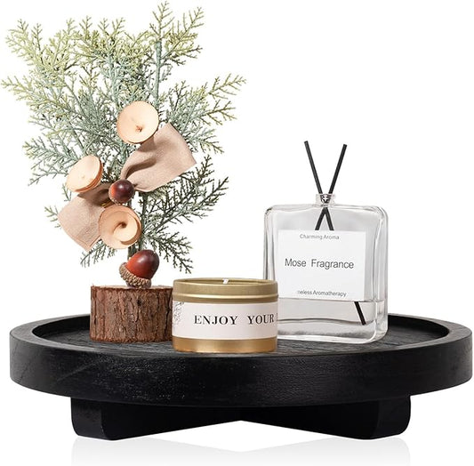 Round Decorative Tray Wood Bathroom Counter Organizer Farmhouse Kitchen Decor Wooden Riser for Soap Dish, Perfume, Candle, Sponge, 8" - Black