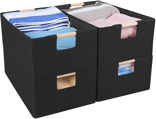 ANMINY 4PCS Storage Baskets for Organizing Collapsible Fabric Storage Bins Boxes with Wood Handles Closet Shelves Cube Organizer Bins Clothes Laundry Storage Container - Large, Black