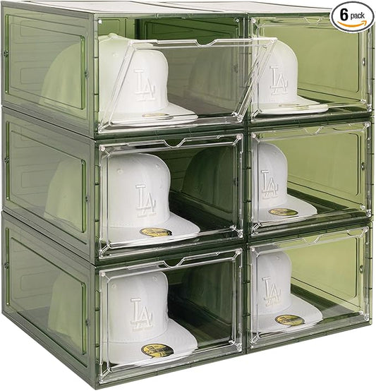 6 Pack Hat Organizer Box, Stackable Clear Baseball Caps Holder Box Containers with Magnetic Door for Hats Snapback Cap Storag, Hat Rack Display Case, Holds 8 Hats Each (Green)
