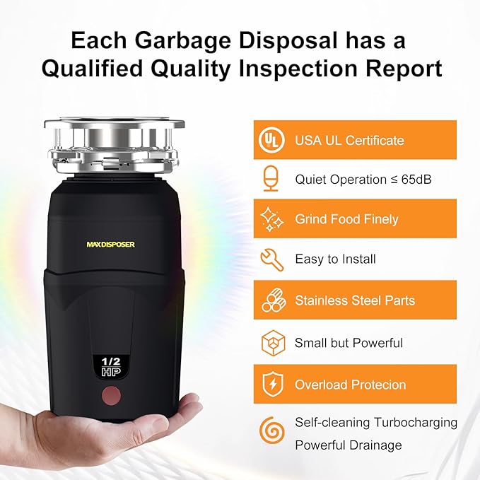 Garbage Disposal 1/2 HP for Kitchen sink Quiet with Power Cord, Easy install, Food Waste Disposer Stainless Steel Grind 0.5 Horsepower (A400)