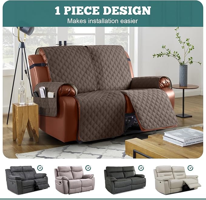 Ruaozz Waterproof Recliner Sofa Covers, 1-Piece Couch Covers for Reclining Couches Reclining Couch Cover Washable Furniture Protector with Elastic Straps Pocket for Kids Pets (Brown, 2 Seater)