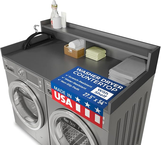OfficeSimpli Washer Dryer Countertop with Shelf - 27.5 x 54 Inch - Made in USA Laundry Countertop Over Washer and Dryer with Non-Slip Pads, Storage Shelf, Laundry Topper Organizer, Slate Grey