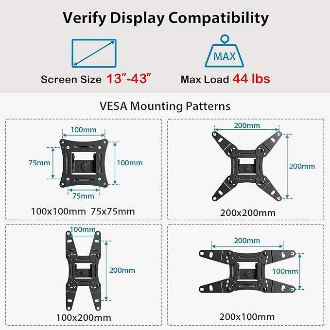 Pipishell Full Motion TV Wall Mount for Echo Show 21/15 and 13-43 Inch Flat Curved Screen TVs & Monitors, Max VESA 200x200mm up to 44lbs, TV Mount Wall Bracket with Rotation Swivel Tilt Extension