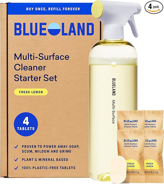 BLUELAND Multi-surface Cleaner, Starter Set, Fresh Lemon Scent, Spray Bottle with 4 Refill Tablets, All-Purpose, Eco-Friendly Cleaning Supplies, 4 x 24 Fl oz
