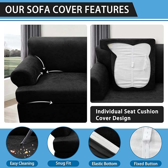 4-Pieces T Cushion Sofa Slipcovers - Leather Look Couch Cover for 3 Cushion Couch - Furniture Protector Stretch Sofa Cover With 3 Individual Seat Covers - Washable, Black