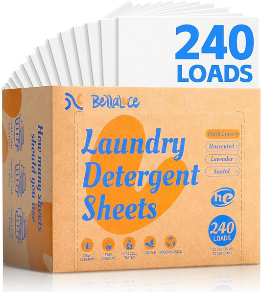 BellaLuce Laundry Detergent Sheets - Laundry Sheets, 240 Loads, Eco-Friendly, Plastic-Free, Fresh Linen Scent, Space Saving, Fast Dissolve & Hypoallergenic, Laundry Detergent for Home,Dorms,Essentials