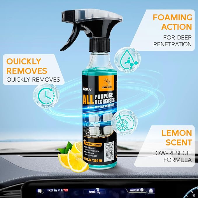 NUAN All Purpose Degreaser for Car and House, Lemon Scent, Heavy-Duty Cleaning Spray, Quick Stain Removal, 10.1 fl oz/300 ml, 2 Pack