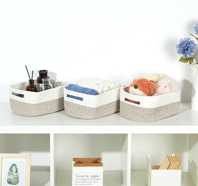Bidtakay Small Cotton Rope Storage Baskets for Organizing 3 Pack Woven Baskets for Storage Closet Organizer Bins for Shleves 11.8×7.8×5 inch Cute Boho Decorative Basket with Handles - White&Tan