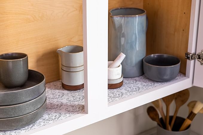 Smooth Top EasyLiner for Cabinets & Drawers - Easy to Install & Cut to Fit - Shelf Paper & Drawer Liner Non Adhesive - Non Slip Shelf Liner - 12in. x 10ft. - 6 Roll Project Pack - Gray Damask