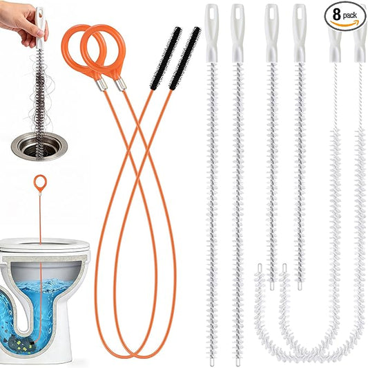 8 Pack Drain Snake Hair Drain Clog Remover, 32" Sink Snake (2pcs), 18/24/28 Inch Shower Drain Cleaner (6pcs), Drain Cleaning Brush for Toilet, Shower, Bathroom Tub, Kitchen Sink, Sewer