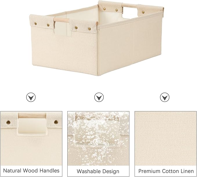 2PCS Storage Bins Cotton Linen Fabric Storage Boxes Basket with Wooden Handles Label Tag Foldable Washable Decorative Shelf Container Clothes Organizer Home Laundry - Large Size, Beige