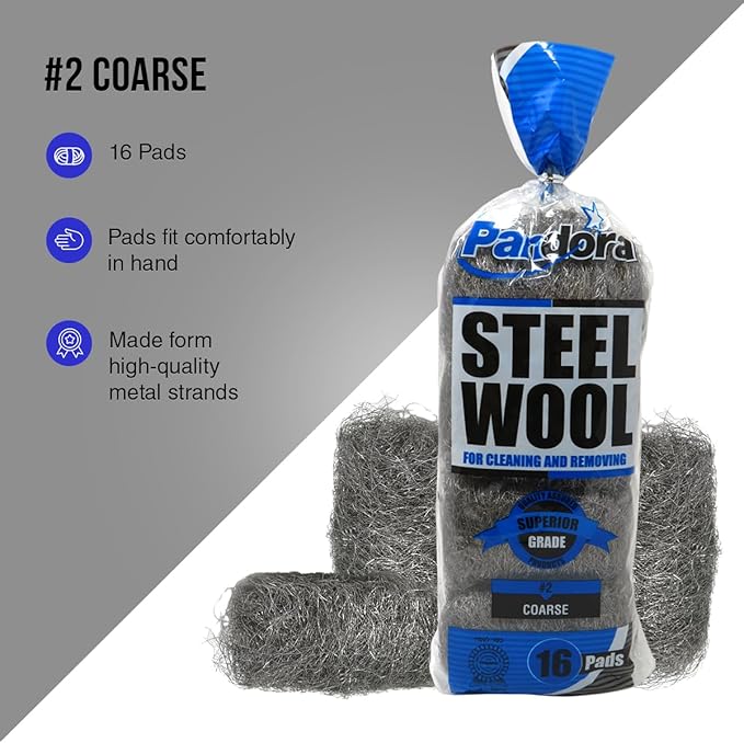 Pandora Steel Wool #2 – Coarse Grade, 32 Pads for Cleaning and Removing - Metal Strands - Ideal to Remove Floor Scuff Marks and Old Wax