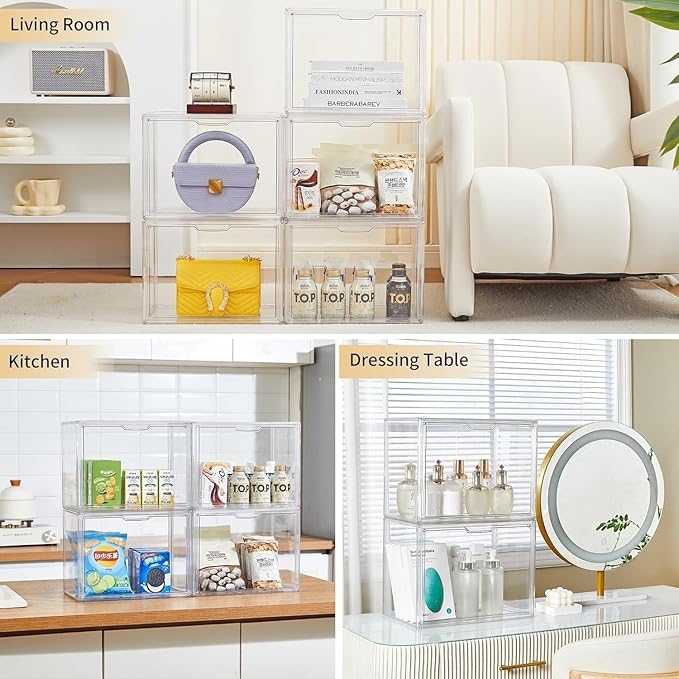 Clear Storage Bins with Lids, 5 Pack Acrylic Display Case with Magnetic Door for Cosmetic Collectibles Large Figures Models, Stackable Acrylic Storage Box for Home Office Living Room Dorm