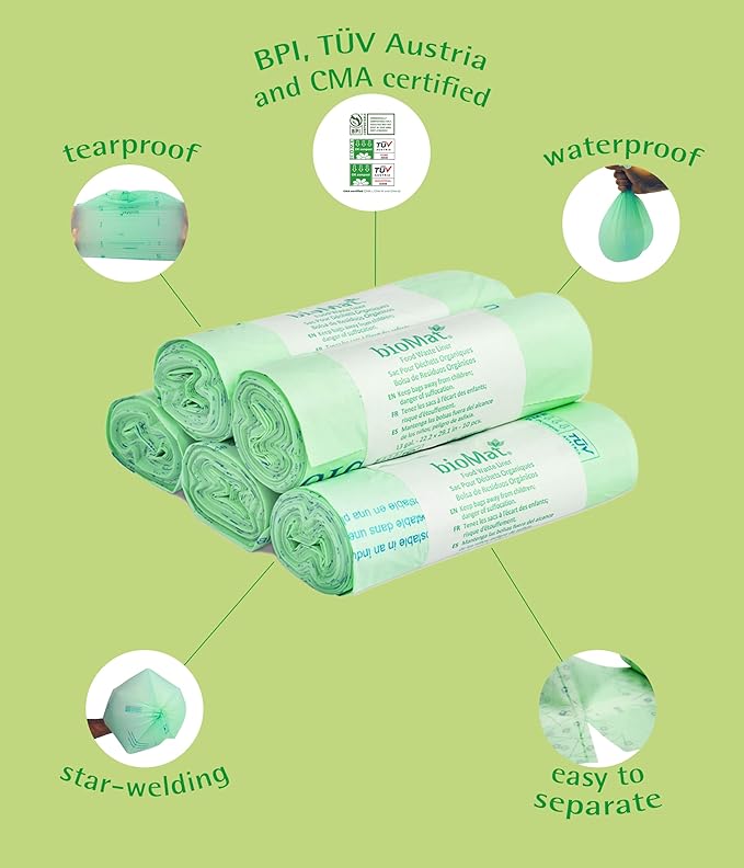 bioMat 13 Gallon Compostable Trash Bags, 50 Count, Tall Kitchen Compost bags for Food Waste, BPI ASTM D6400 and CMA Certified Kitchen Food Scrap Waste Bags