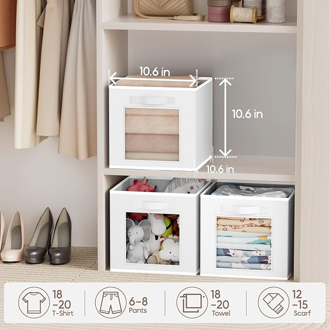 Storage Cube 11 Inch - Cube Storage Bins with Window, Closet Storage Baskets with Handle, Fabric Bins for Closet, Shelves, Toys, Clothes, Set of 12, White