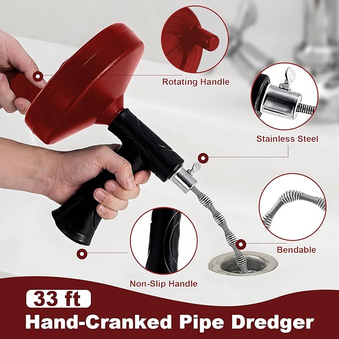 33 ft Snake For Drain,Plumbing Snake, Heavy Duty Flexible Hair Clog Remover Drain Snake Tool for Shower, Bathroom, Bathtub and Kitchen Sink Pipes (Red)