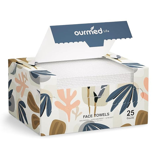 Ourmed Life Face Towels, Disposable Biodegradable Facial Towels for Sensitive Skin, Lint- free Face Wipes for Washing Face, Skincare and Makeup Remover, Dry Wipes, 10"×12" Extra Large, 25 Count
