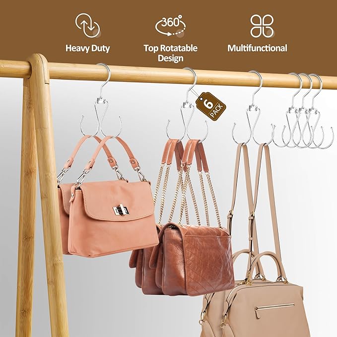 ZEDODIER 6 Pack Purse Hanger Bag Organizer for Closet, Heavy Duty Rotatable Purse Holder with 12 Storage Capacity, Bag Storage Rack for Purses Bags Backpacks, Silver