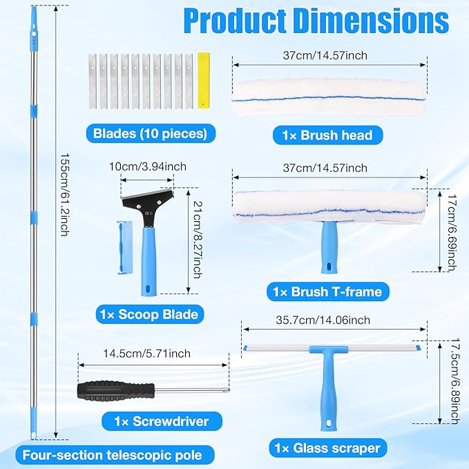 5 Feet Professional Window Cleaning Kit Extendable Window Mop with 61" Long Handle 14" Extra-Large Squeegee for Windshield Mirror Shower, with Blade Floor Scraper Tool