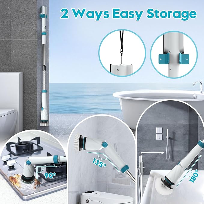 Battery Electric Scrubber for Cleaning Bathroom,1200RPM 21V Spin Scrubber Electric Spin Brush for Cleaning, 50'' Cordless Power Shower Scrubber W/ 8 Brushes for Grout Tile Tub Floor