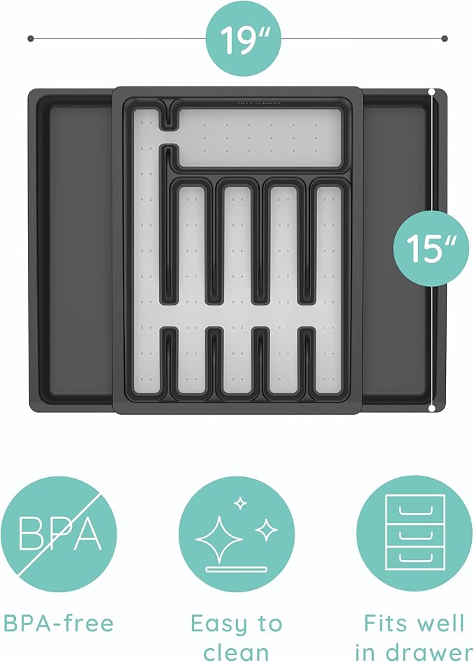 JULY HOME Expandable Kitchen Drawer Organizer - Plastic Flatware Utensil Holder Cutlery Tray Multipurpose Organizer,Tip-Out Trays