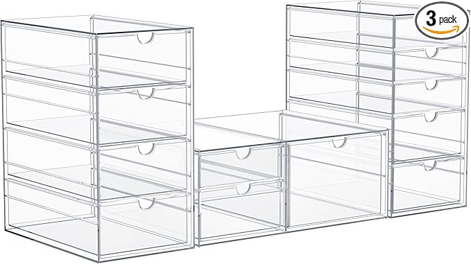Sorbus Makeup Organizer With 12 Drawers, Acrylic Drawer Organizer for Makeup, Office Organization and Storage, Art Supplies, Jewelry, Stationary - 3 Pcs Clear Stackable Storage Bins Organizer Drawers
