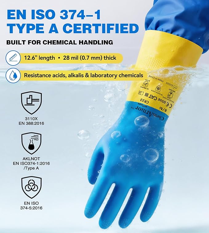 Neoprene and Rubber Blend Heavy-Duty Chemical Gloves, Protective industrial gloves for Resist Acid, Alkali, Hazmat, cleaning, dishwashing, Medium