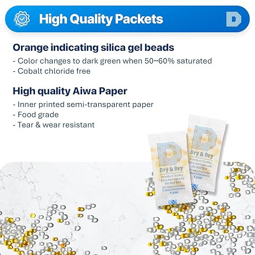 Dry & Dry 1 Gram [100 Packets] Orange Indicating Silica Gel Packets Desiccants - Food Safe Silica Packs, Silica Gel, Silica Packets, Desiccant Packs for Food Storage