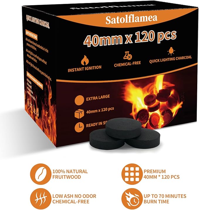 120 pcs Charcoal Tablets for Burn Incense, 40 mm Quick Light Charcoals for Resin Burner, No Scent No Smoke, Premium Quality Discs Briquettes for Parties