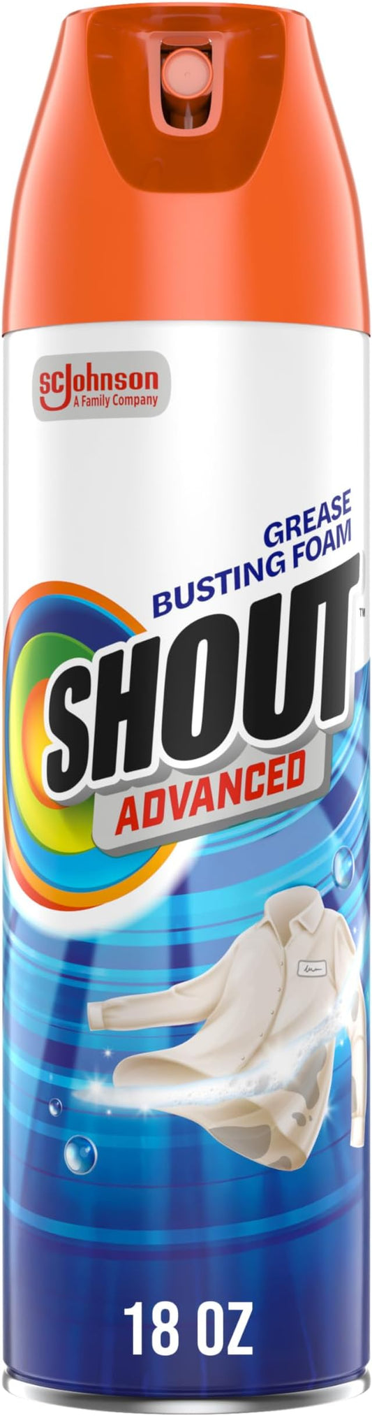 Shout Advanced Grease Busting Foam, Laundry Stain Remover, Oil and Grease Stain Remover for Clothes Laundry; Works on motor oil, bike grease, cooking oil, and more! 18oz Can