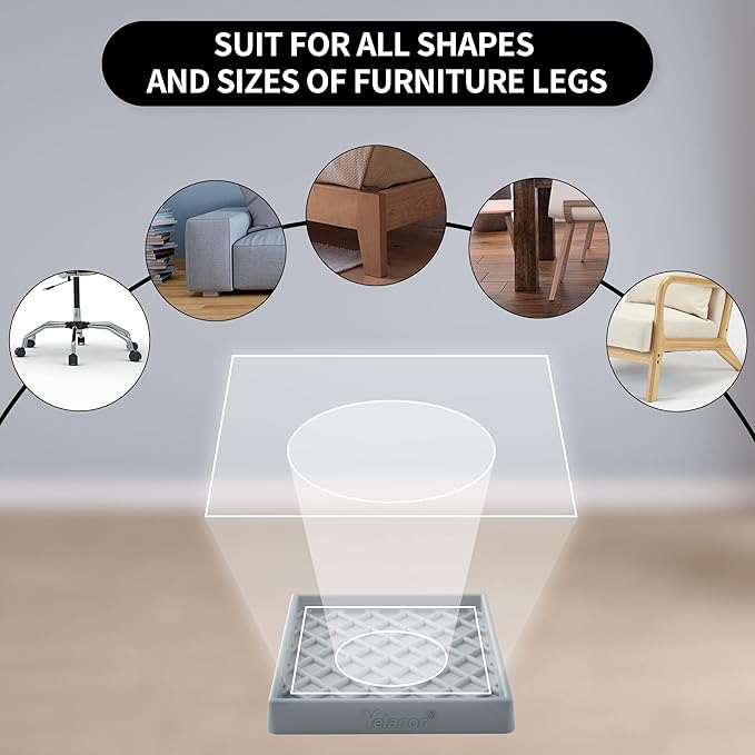 Furniture Coasters - 8 Pcs 3” Square Furniture Caster Cups Non Slip Pads Hardwoods Floors Non Skid Furniture Grippers Rubber Grid Feet Anti Slide Floor Protector for Bed Couch Stoppers Gray