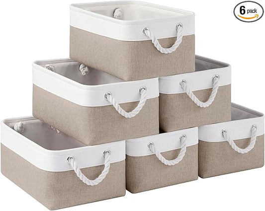 Storage Baskets for Shelves 13.8x9.8x6.7 Inch, Foldable Fabric Storage Bins with Handles, Small Storage Baskets for Organizing Closet, Office, Home Organization (6-Pack, White&Khaki)