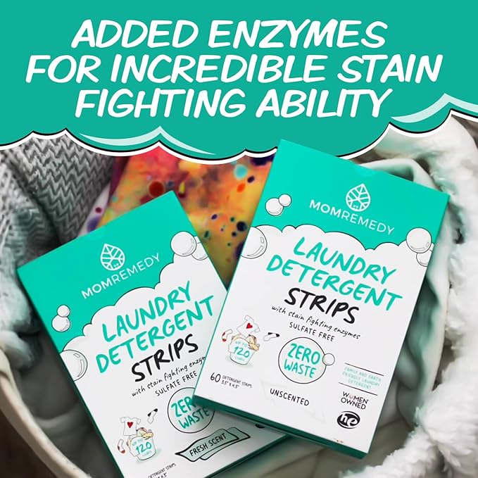 MomRemedy Laundry Detergent Sheets with Powerful Stain Fighting Enzymes - Made in EU, Sulfate Free, Zero Waste Laundry Sheets Detergent in Recyclable Packaging - Travel Friendly 60 Count (Fresh Scent)