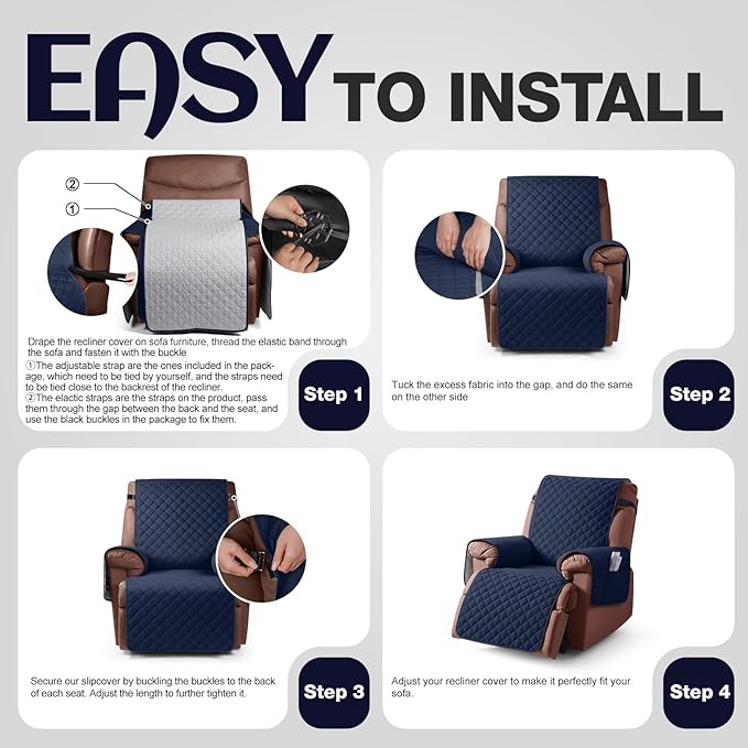 KinCam 100% Waterproof Recliner Chair Cover, Reclining Couch Covers for Pets, Dogs, Recliner Couch Slipcover Furniture Protector with Elastic Straps for Kids(25", Dark Blue)